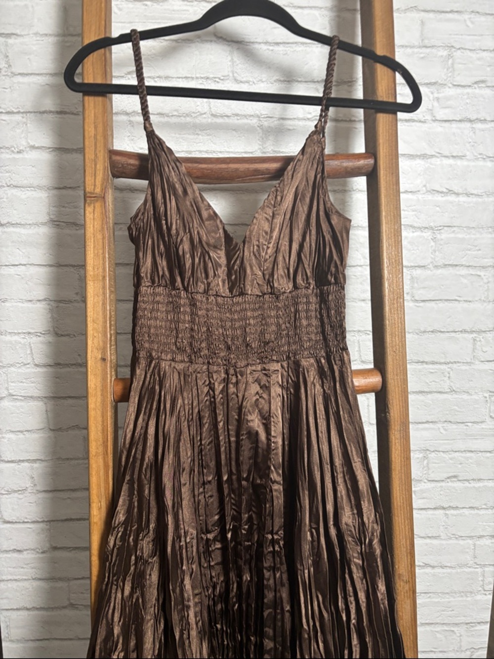 Express Brown Satin Strapless-Style Pleated Dress